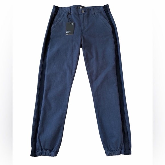 NWT PAIGE Size 28 Mayslie Navy Blue Ankle Crop Midrise Side Stripe Jogger Pants - Picture 2 of 16